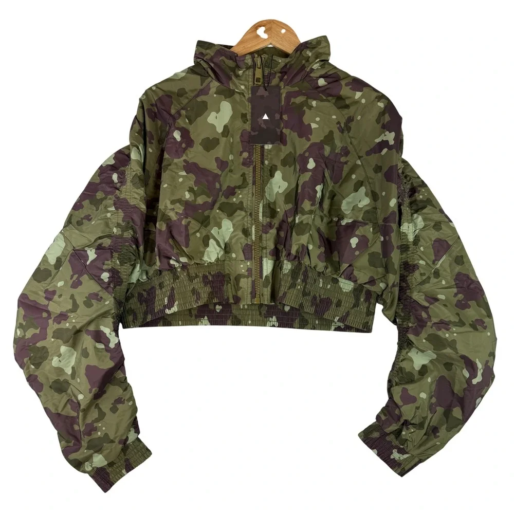 Balance Athletica Windbreaker Jacket Women Large Green Camo Cropped Hooded Zip